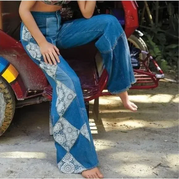 NEW Free People My Element Patcheork Wide Crochet Flare Leg Jeans Size 25 - Picture 2 of 6